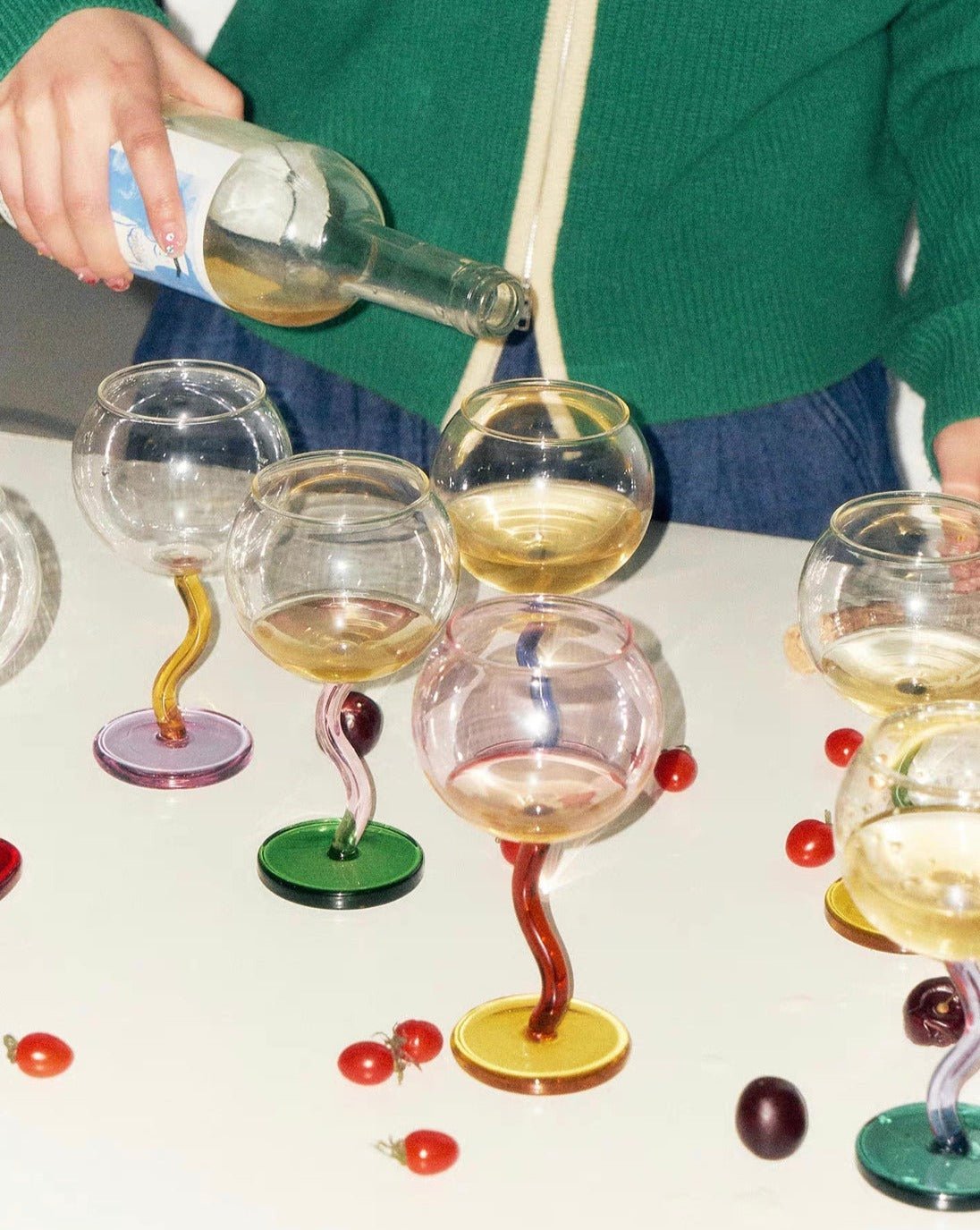 Handblown Bubble Wine Glass - Retro Whimsical Eclectic Wavy Stemmed - mosswell.us