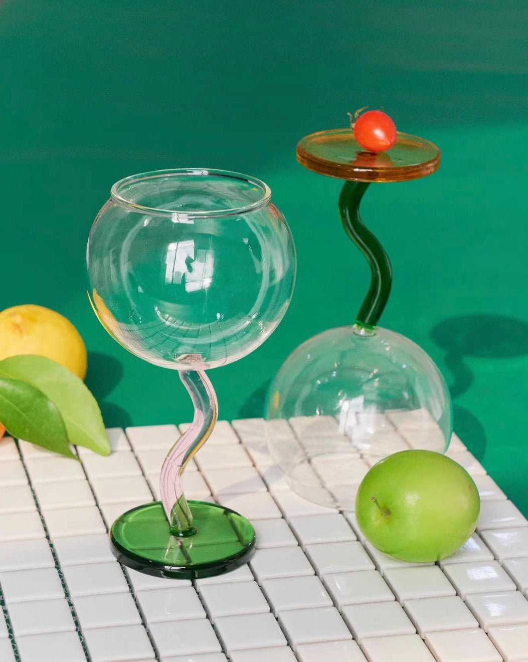Handblown Bubble Wine Glass - Retro Whimsical Eclectic Wavy Stemmed - mosswell.us