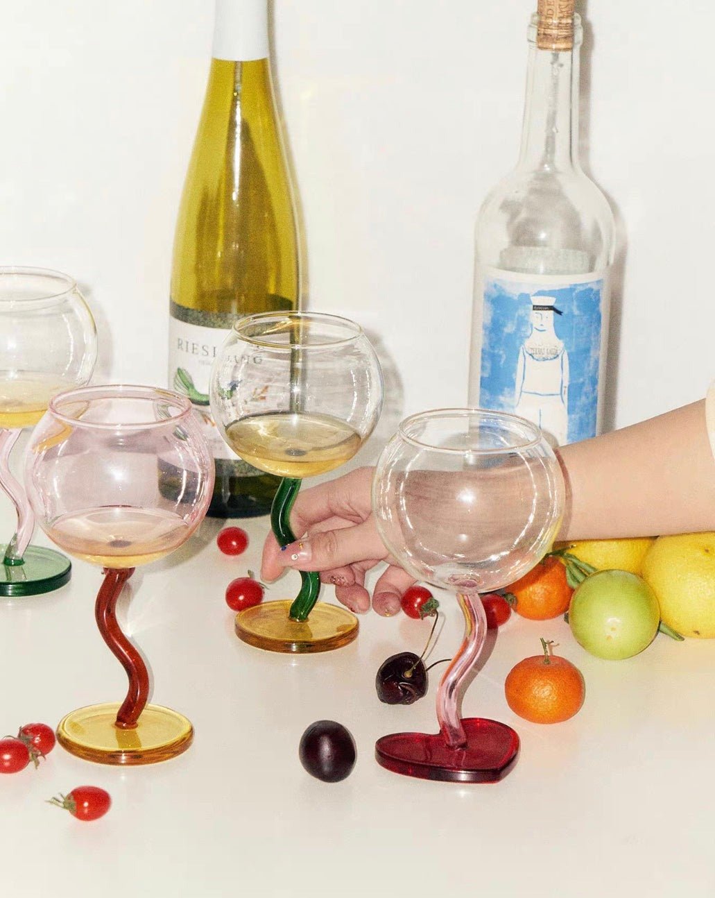 Handblown Bubble Wine Glass - Retro Whimsical Eclectic Wavy Stemmed - mosswell.us