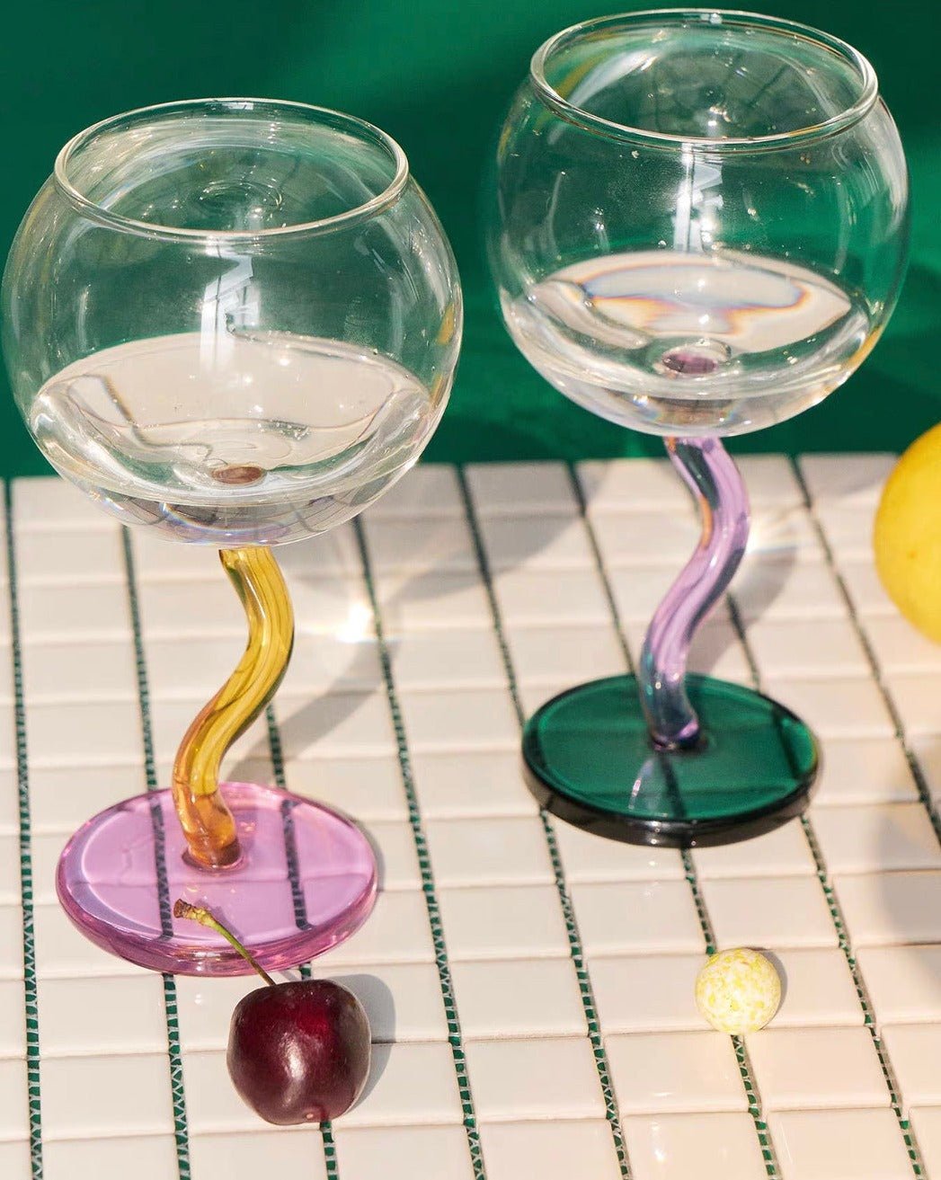 Handblown Bubble Wine Glass - Retro Whimsical Eclectic Wavy Stemmed - mosswell.us