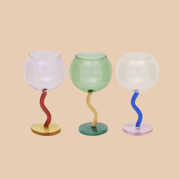 Handblown Bubble Wine Glass - Retro Whimsical Eclectic Wavy Stemmed