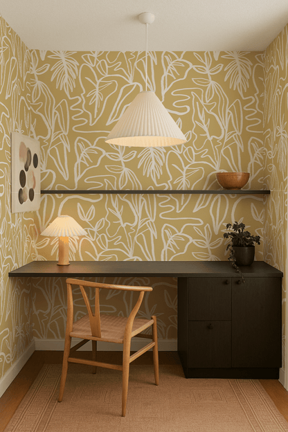 Inked Foliage Wallpaper, butter yellow and white - mosswell.us