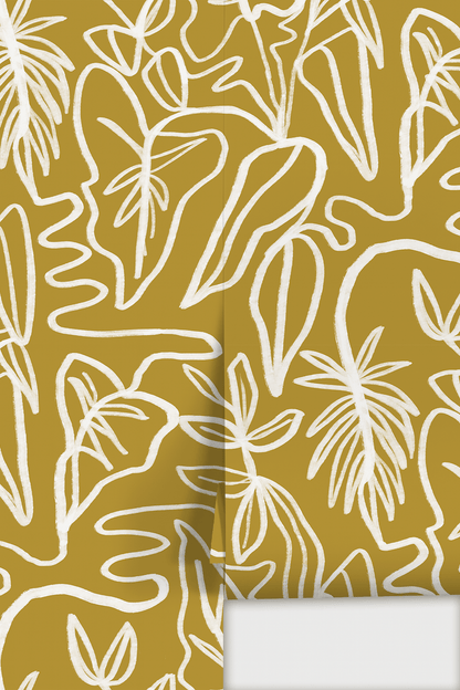 Inked Foliage Wallpaper, mustard and white - mosswell.us