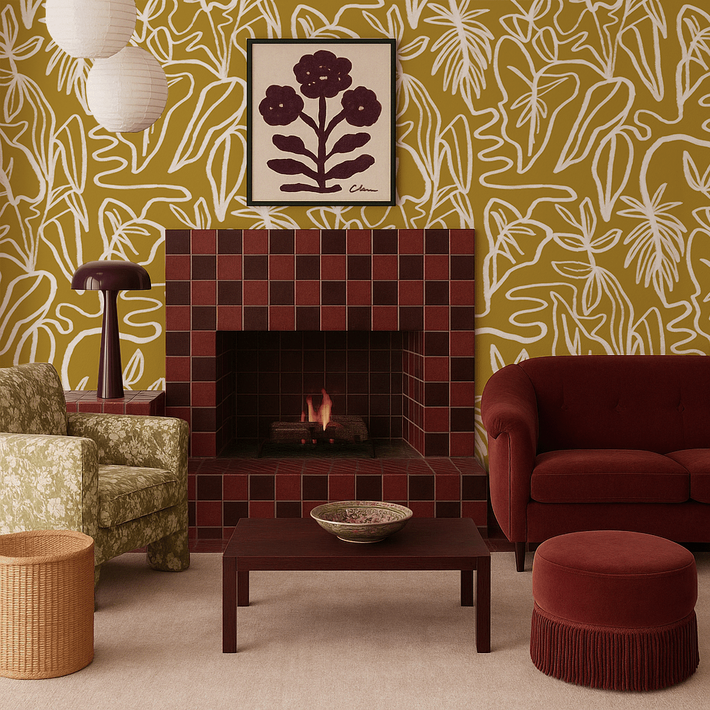 Inked Foliage Wallpaper, mustard and white - mosswell.us