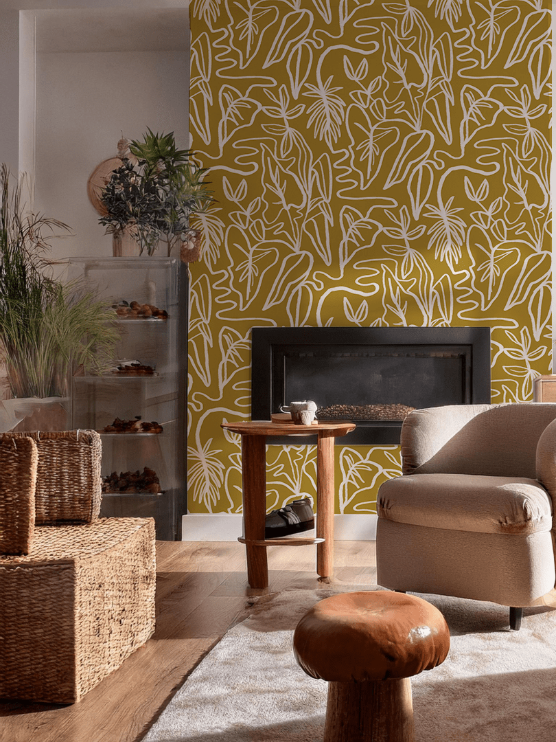 Inked Foliage Wallpaper, mustard and white - mosswell.us