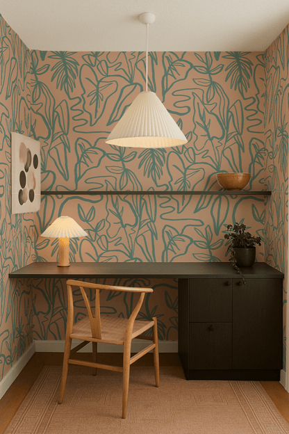Inked Foliage Wallpaper, peach and teal - mosswell.us