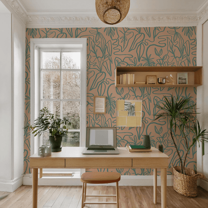 Inked Foliage Wallpaper, peach and teal - mosswell.us
