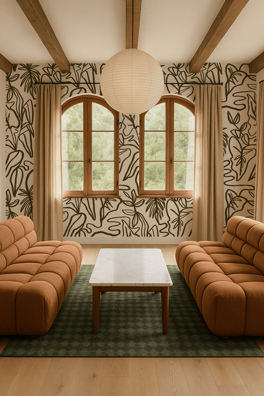 Inked Foliage Wallpaper, white and olive green - mosswell.us