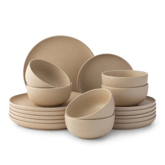 JoyJolt Mesa Stoneware Dinnerware Set 18 - Piece Plates and Bowls Sets Includes Dinner Plates Salad Plates and Cereal and Soup Bowls Modern Farmhouse Matte Beige Dish Set for 6 - mosswell.us