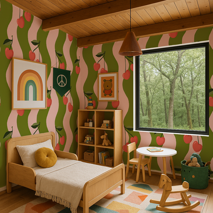 Wavy Cherry Wallpaper, pink & green