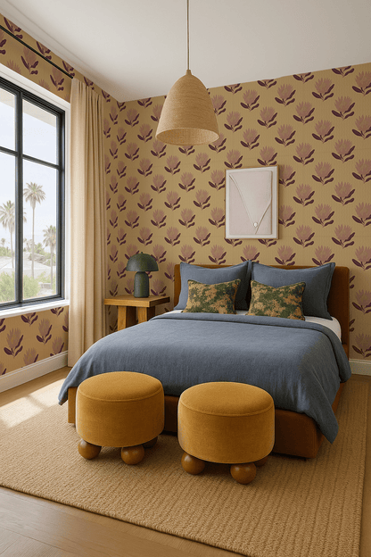King Protea Wallpaper, butter yellow and mauve - mosswell.us