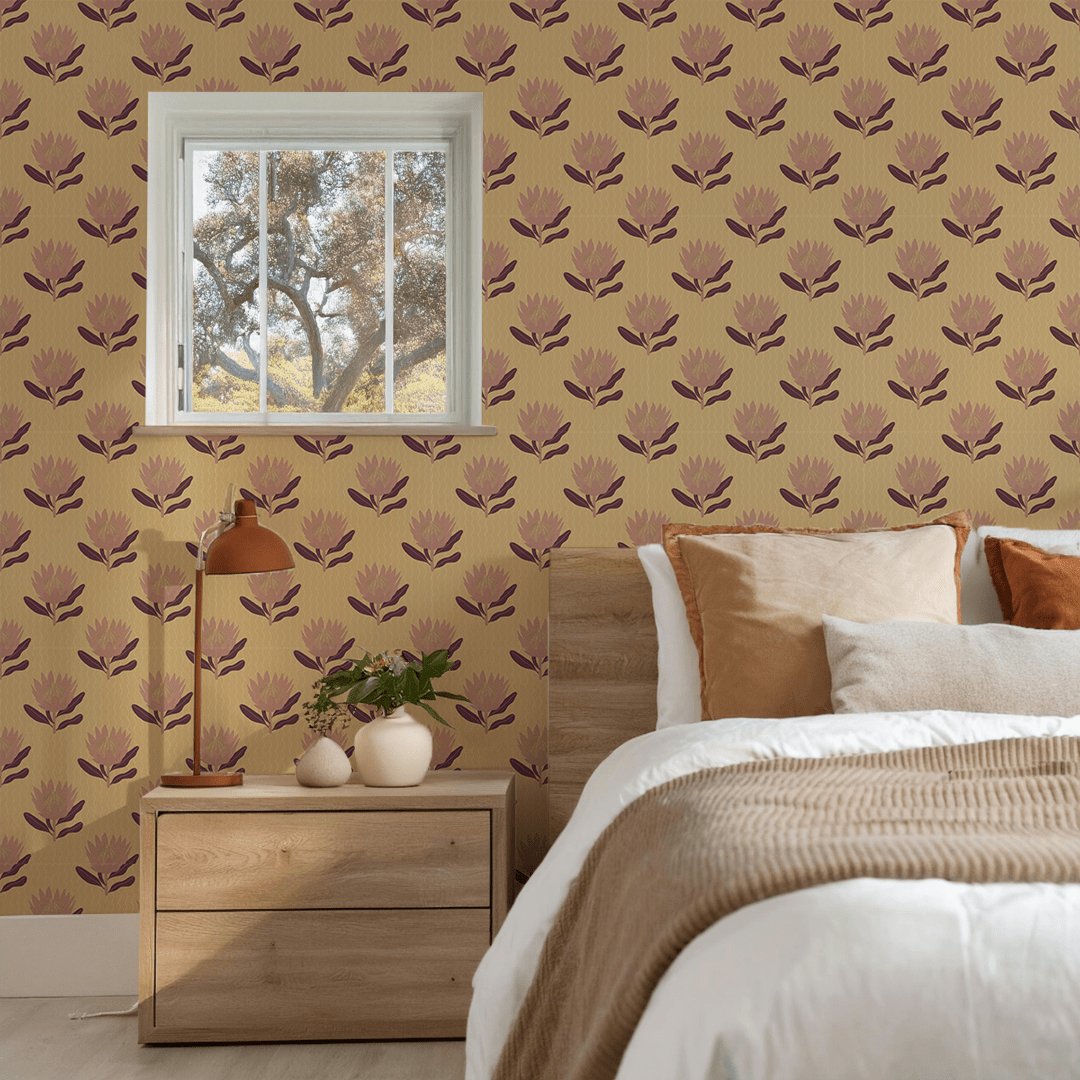 King Protea Wallpaper, butter yellow and mauve - mosswell.us