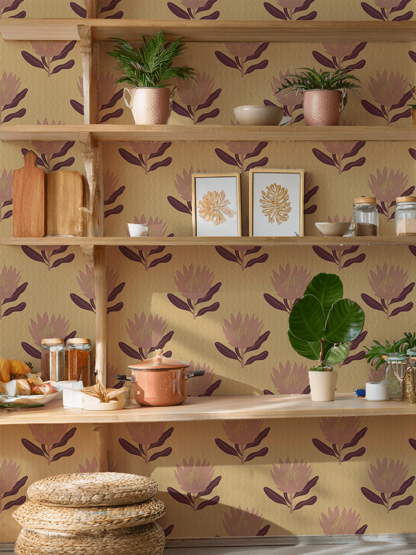 King Protea Wallpaper, butter yellow and mauve - mosswell.us