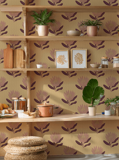 King Protea Wallpaper, butter yellow and mauve - mosswell.us