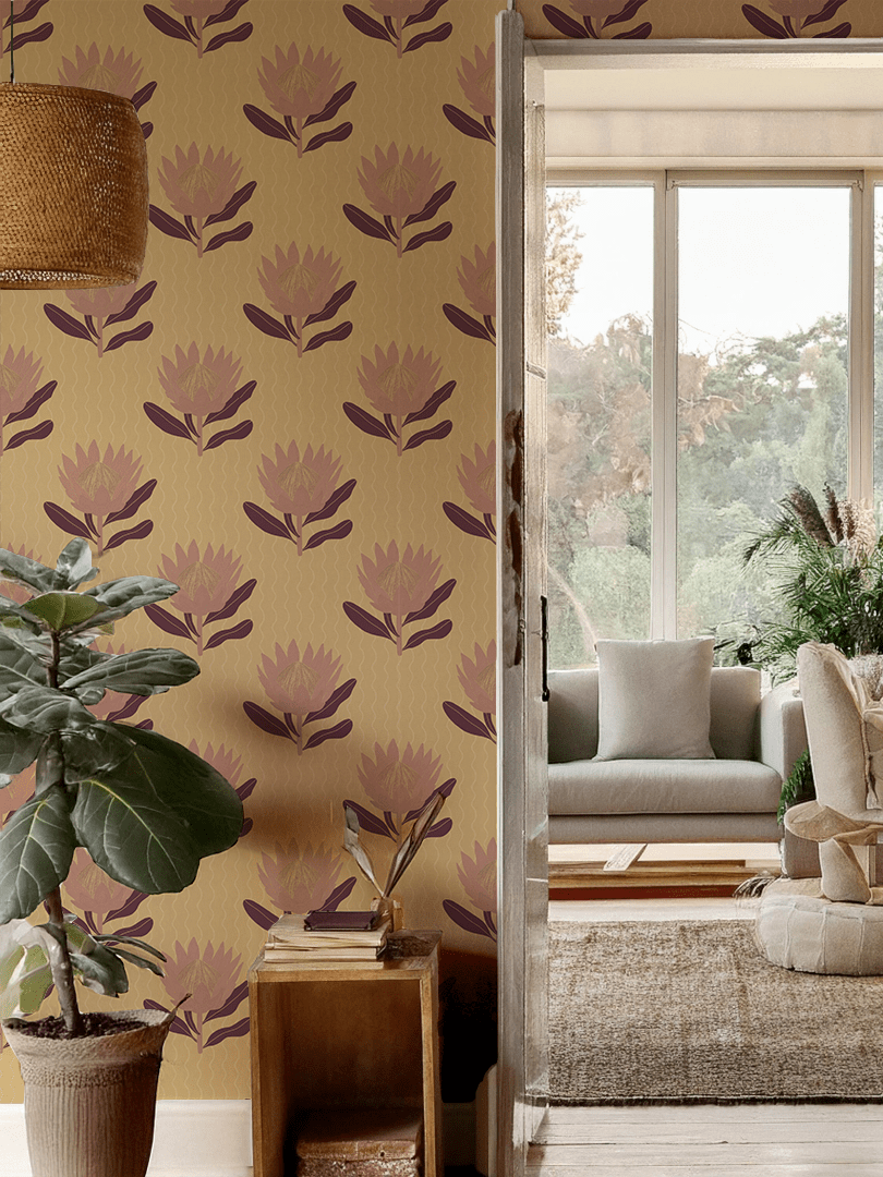 King Protea Wallpaper, butter yellow and mauve - mosswell.us