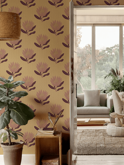 King Protea Wallpaper, butter yellow and mauve - mosswell.us