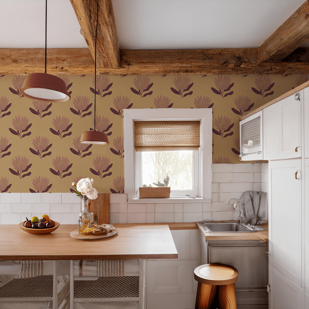 King Protea Wallpaper, butter yellow and mauve - mosswell.us