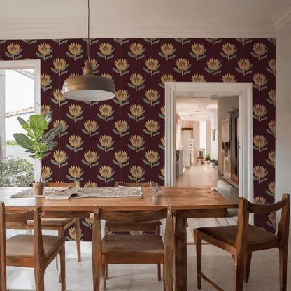 King Protea Wallpaper, dark plum and butter yellow - mosswell.us