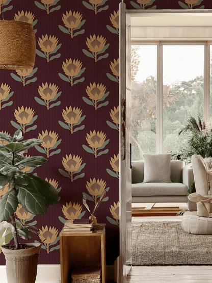 King Protea Wallpaper, dark plum and butter yellow - mosswell.us
