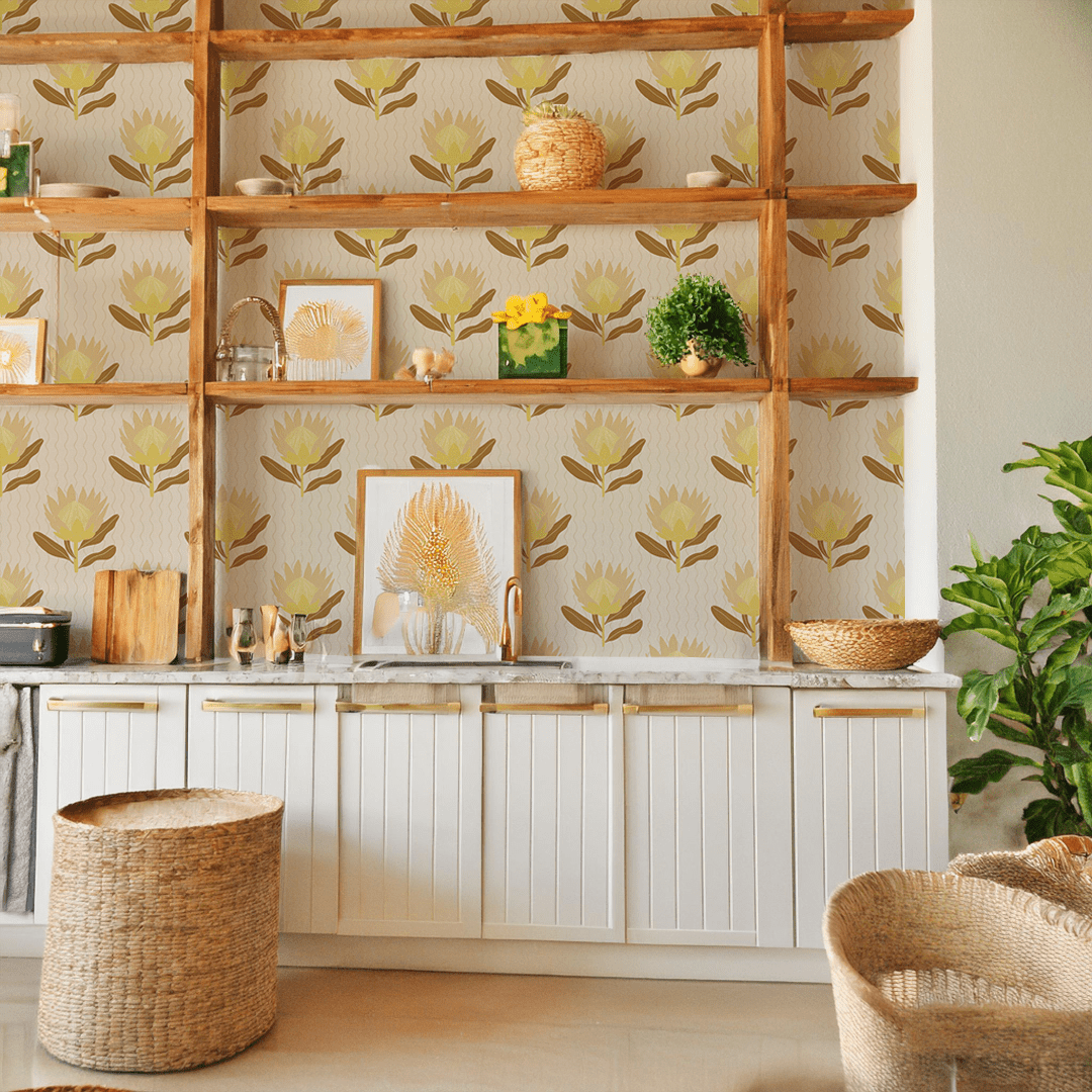 King Protea Wallpaper, neutral and brown mustard - mosswell.us