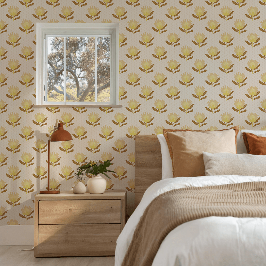 King Protea Wallpaper, neutral and brown mustard - mosswell.us