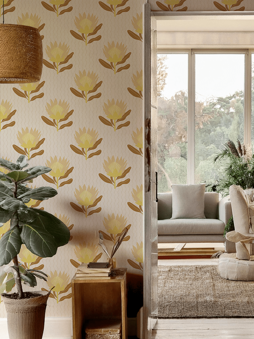 King Protea Wallpaper, neutral and brown mustard - mosswell.us