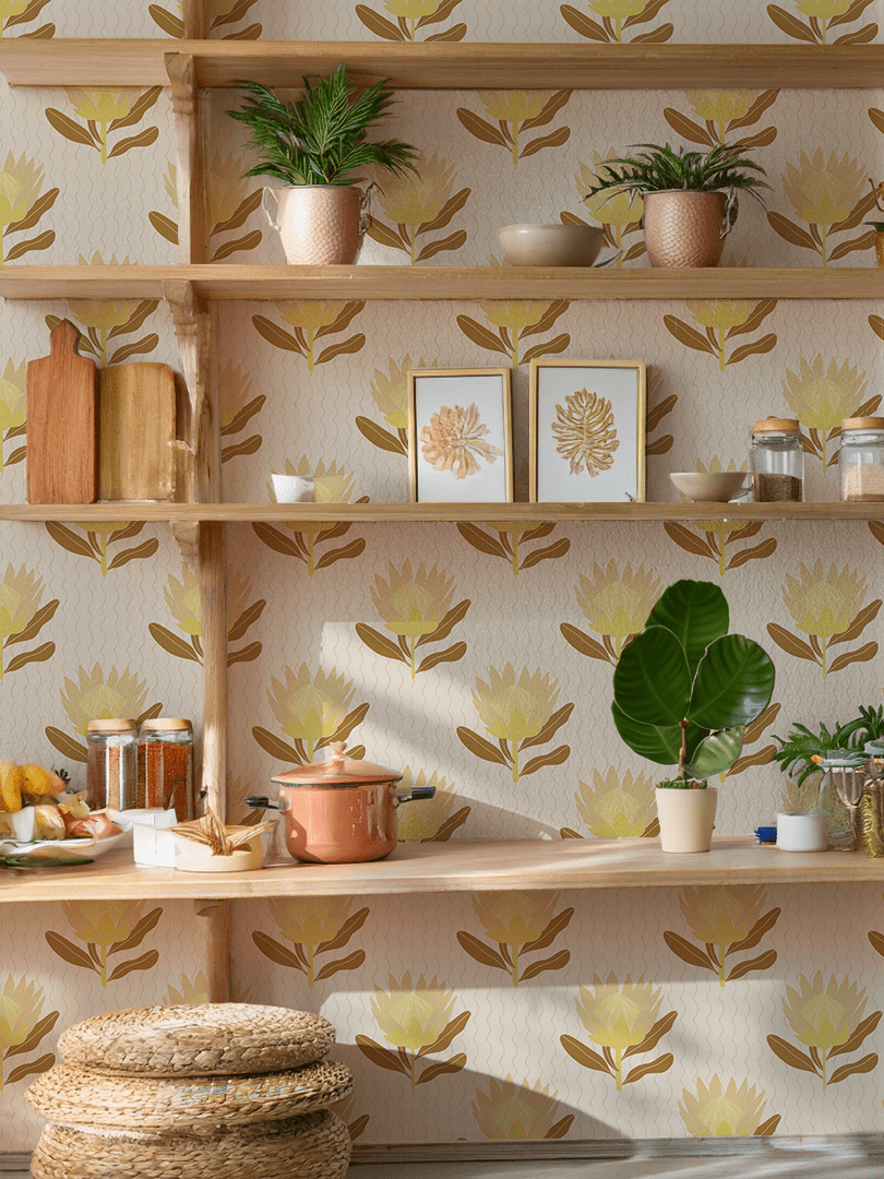 King Protea Wallpaper, neutral and brown mustard - mosswell.us