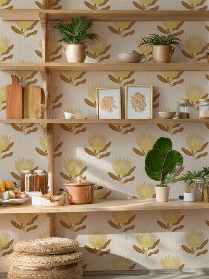 King Protea Wallpaper, neutral and brown mustard - mosswell.us