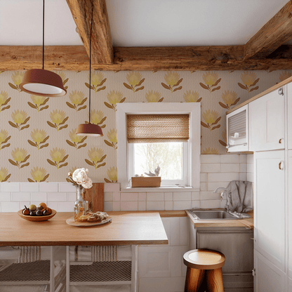 King Protea Wallpaper, neutral and brown mustard - mosswell.us