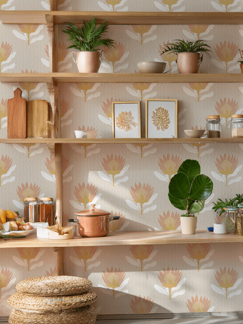 King Protea Wallpaper, tan and light coral - mosswell.us