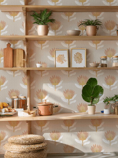 King Protea Wallpaper, tan and light coral - mosswell.us