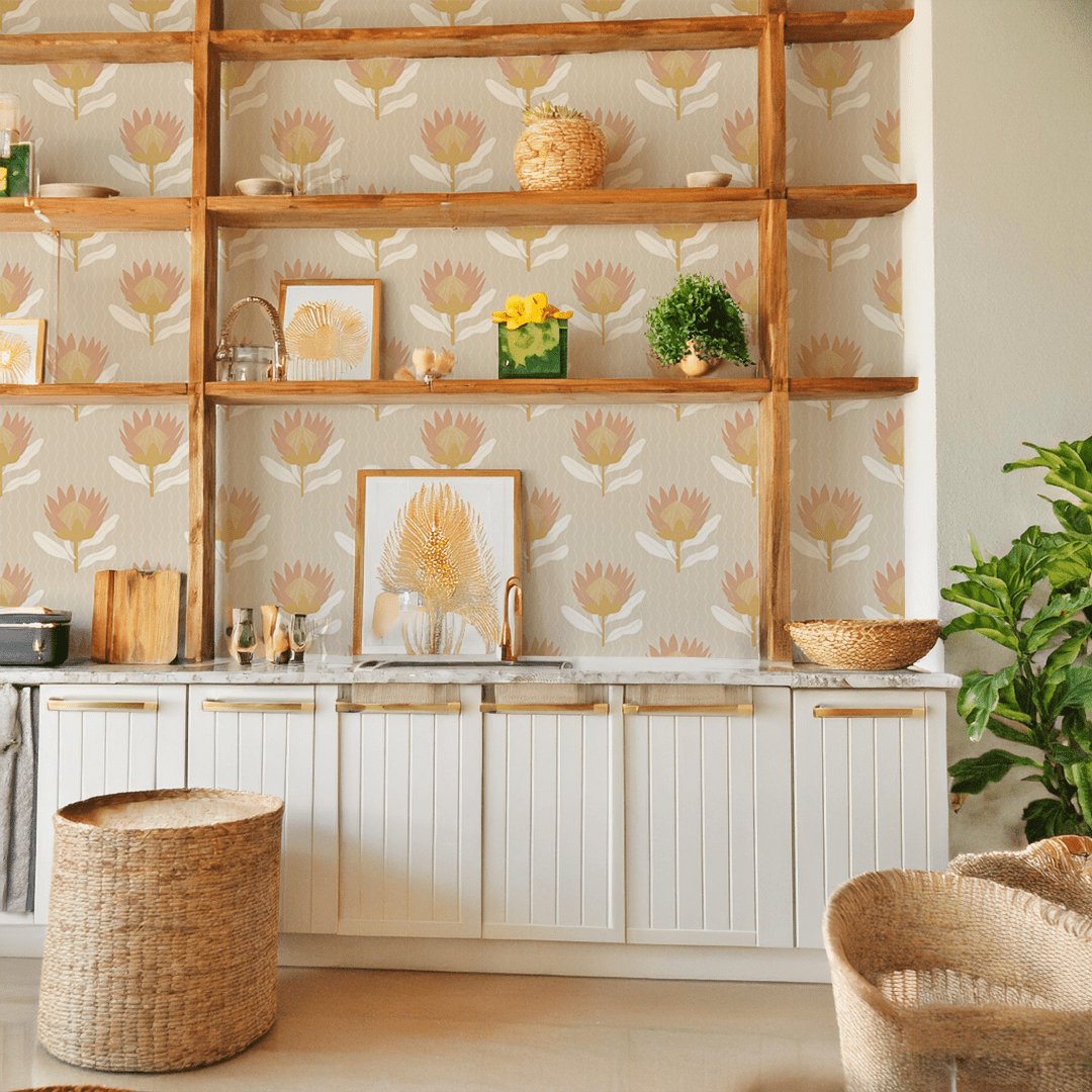 King Protea Wallpaper, tan and light coral - mosswell.us