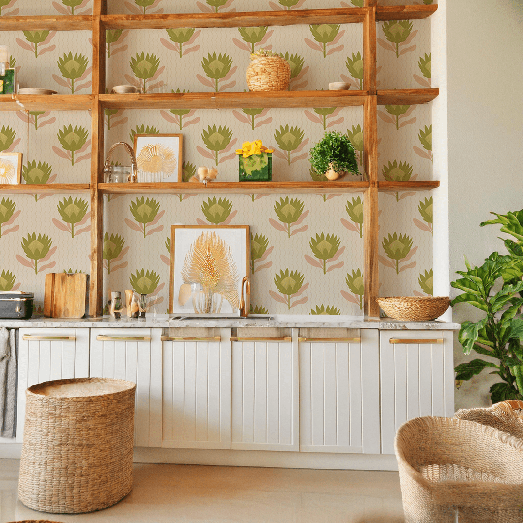 King Protea Wallpaper, tan and olive - mosswell.us