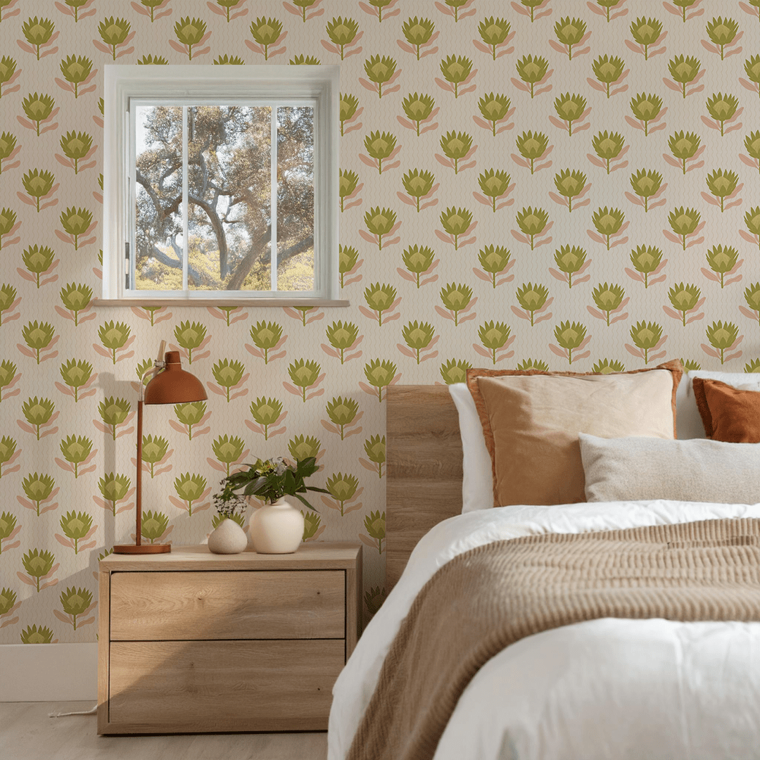 King Protea Wallpaper, tan and olive - mosswell.us
