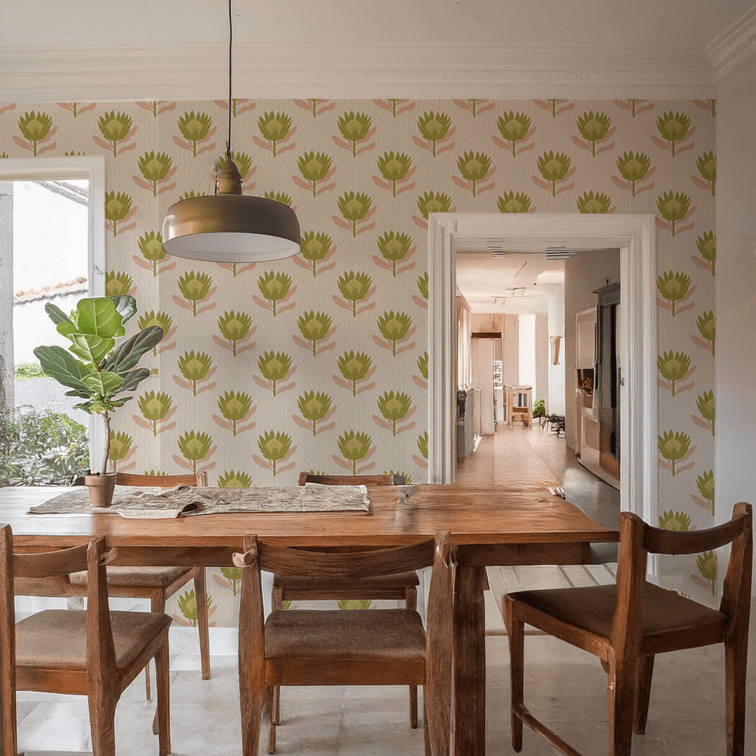 King Protea Wallpaper, tan and olive - mosswell.us