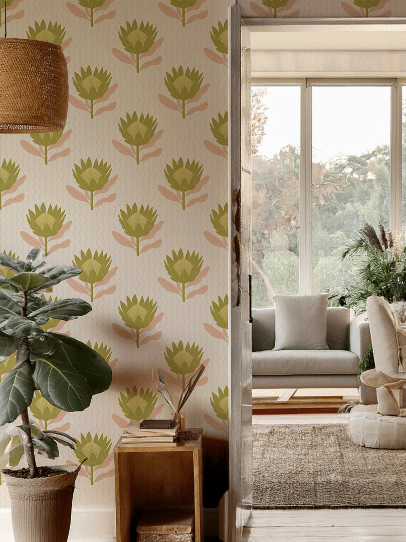King Protea Wallpaper, tan and olive - mosswell.us