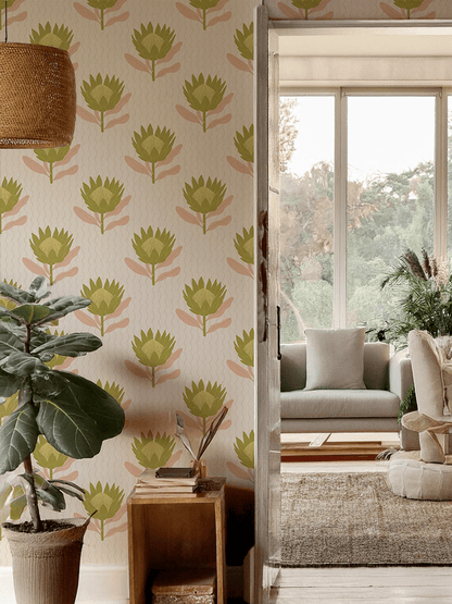 King Protea Wallpaper, tan and olive - mosswell.us