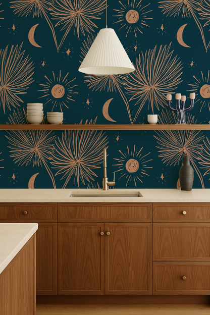 Night Palm Wallpaper, navy and terra cotta