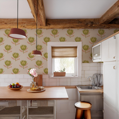 King Protea Wallpaper, tan and olive