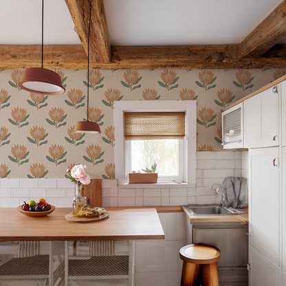 King Protea Wallpaper, neutral and apricot