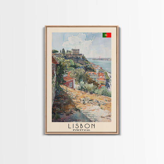 Lisbon Portugal Travel Poster Framed Canvas Print, Coastal Cityscape, Watercolor Painting, Wall Art, Home Decoration, Travel Print, Artistic Gift - mosswell.us