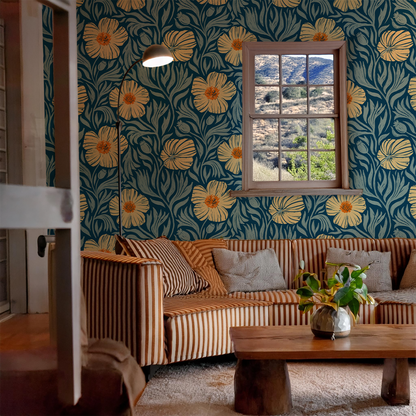 Matilija Wallpaper, navy, orange & mint