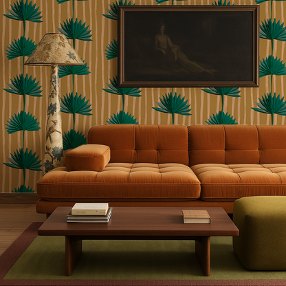 Stripey Palm Wallpaper, mustard and teal