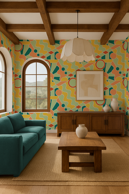 Day Trippin' Wallpaper, mint, blue, yellow and peach