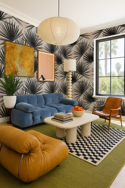 Palm Deco Wallpaper, black and blush