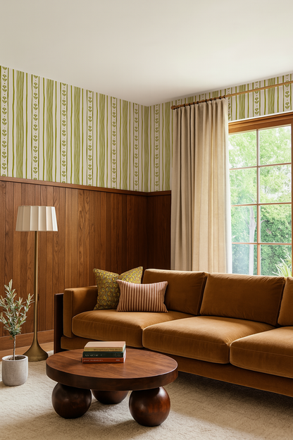 Daisy Chain Stripe Wallpaper, beige and chartreuse green