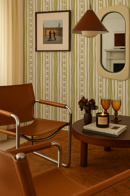Daisy Chain Stripe Wallpaper, beige and chartreuse green