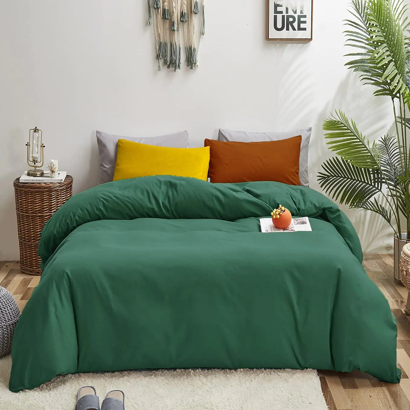 Luxlovery Emerald Green Comforter Set Full Dark Green Bedding Comforter Set Full Modern Solid Forest Green Cotton Blanket Quilts Cozy Soft Breathable 1 Comforter with 2 Yellow/Caramel Pillowcases - mosswell.us