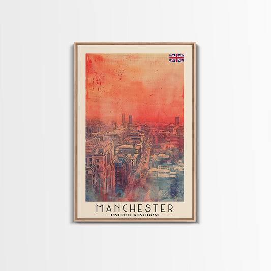 Manchester United Kingdom Travel Poster Framed Canvas Print, Iconic Landmarks, Watercolor Painting, Wall Decor, Interior Art, Travel Print, Artistic Gift - mosswell.us
