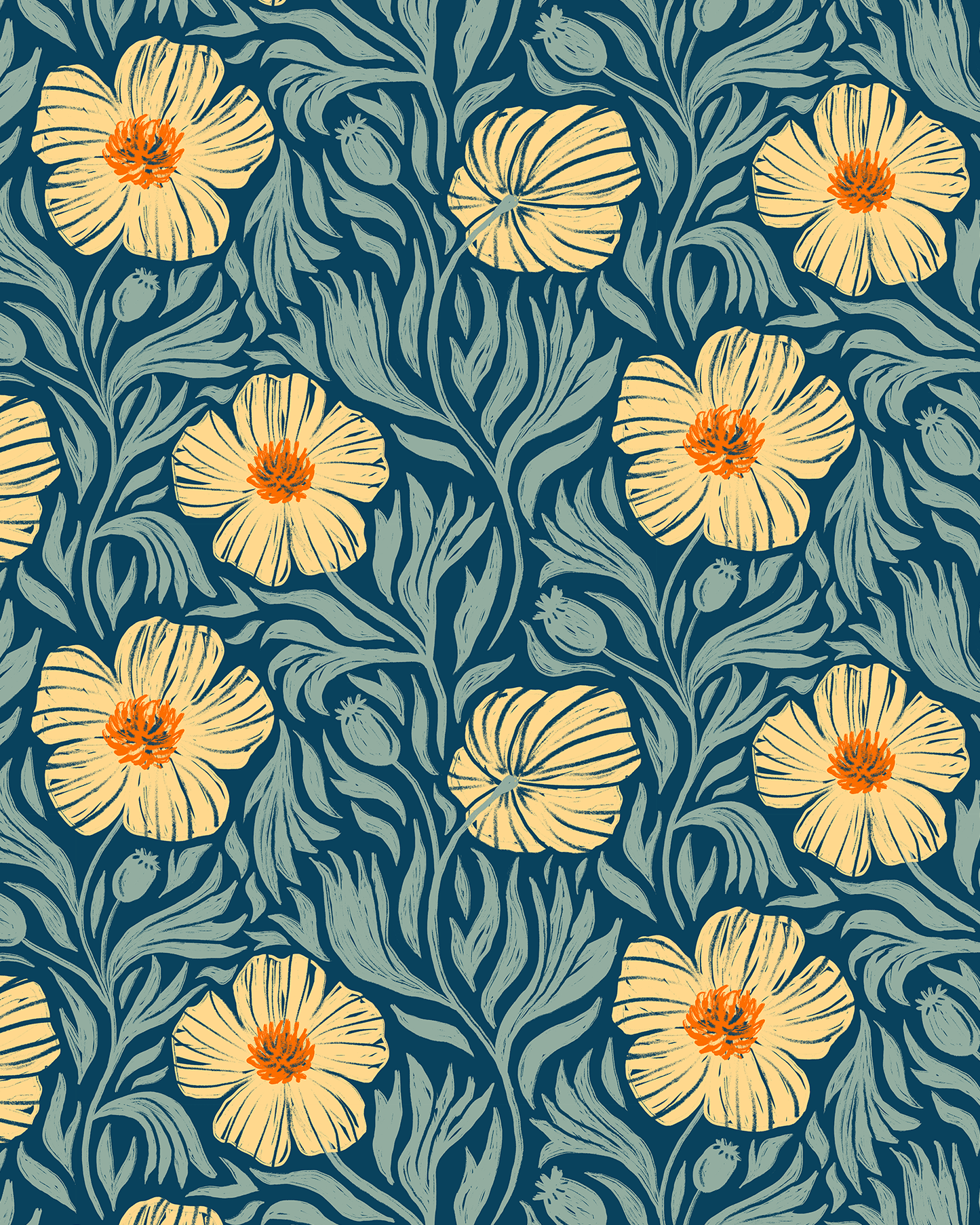 Matilija Wallpaper, navy, orange & mint - mosswell.us